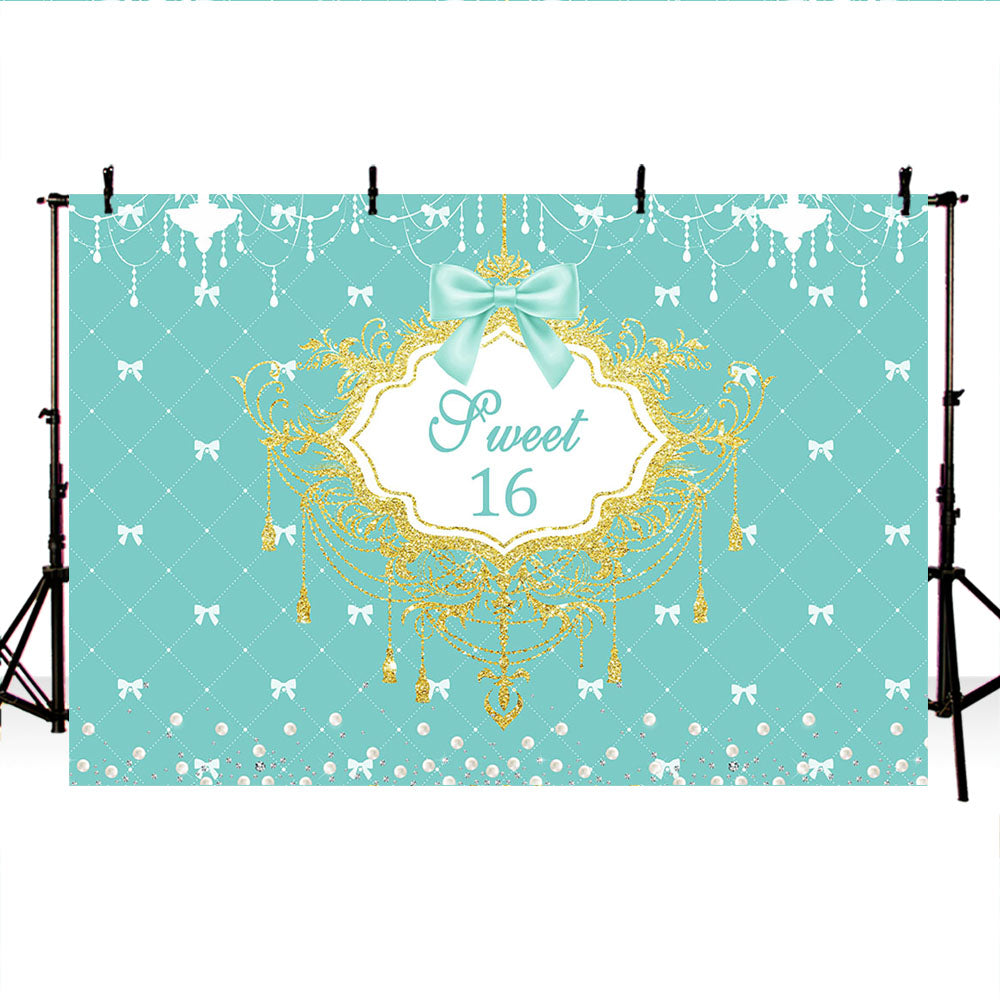 Mocsicka Sweet Sixteen Backdrop Pearls and Bows 16th Birthday Party Supplies