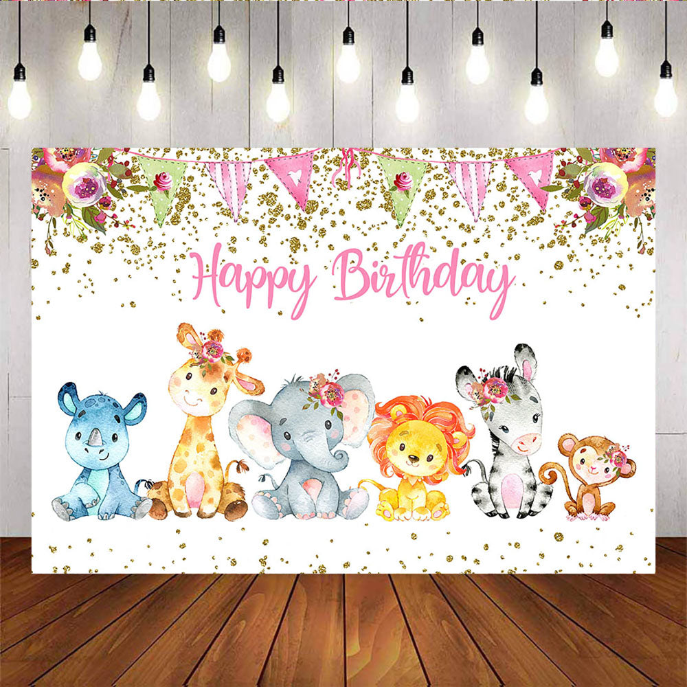 Mocsicka Wild Animals Birthday Party Decor Gold Dots and Flowers Background-Mocsicka Party