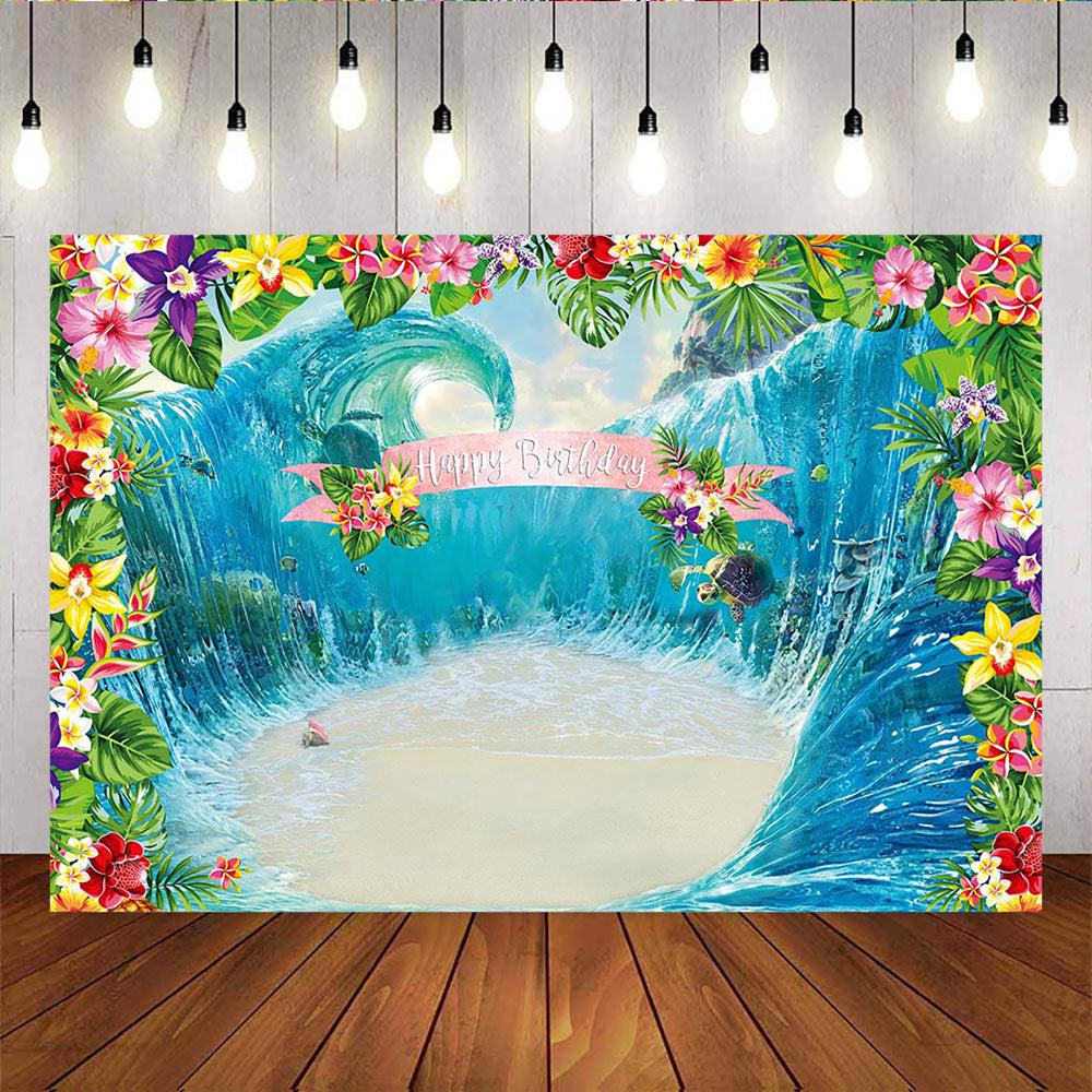 Mocsicka Waterfall Happy Birthday Party Decor Prop Hawaii Floral Backdrop-Mocsicka Party