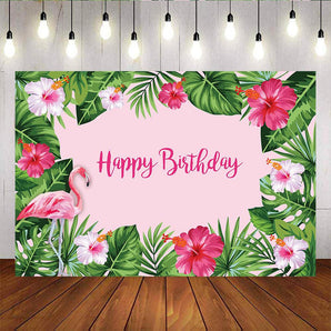 Mocsicka Flamingo Birthday Party Backdrop Green Leaf Safflower Background