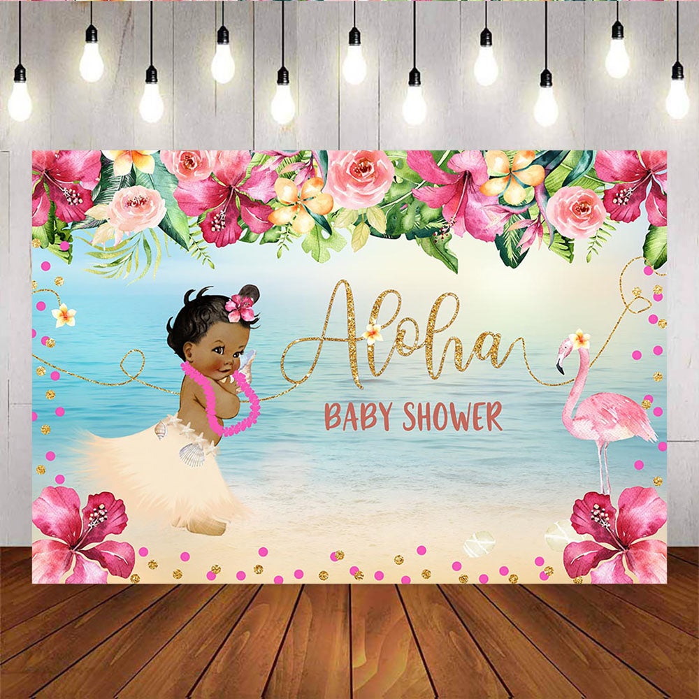 Mocsicka Aloha Theme Baby Shower Backdrop Summer Beach Floral and Flamingo Photo Background-Mocsicka Party