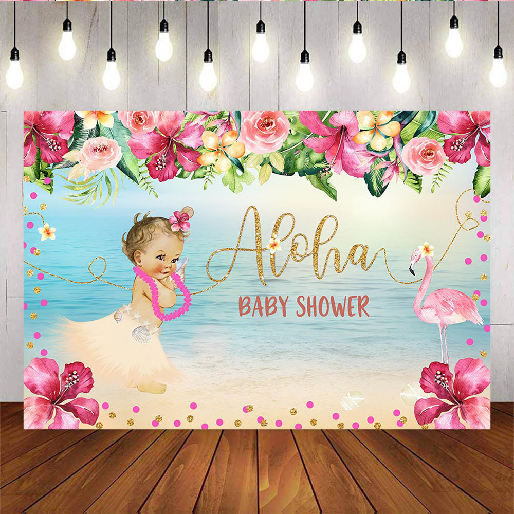Mocsicka Aloha Baby Shower Backdrop Summer Beach Floral and Flamingo Background-Mocsicka Party