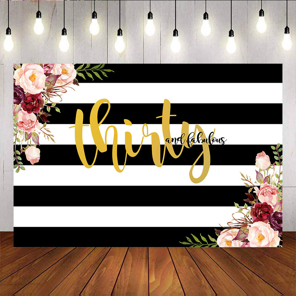 Mocsicka 30th Birthday Backdrop Black White Stripes Watercolor Flowers Background-Mocsicka Party