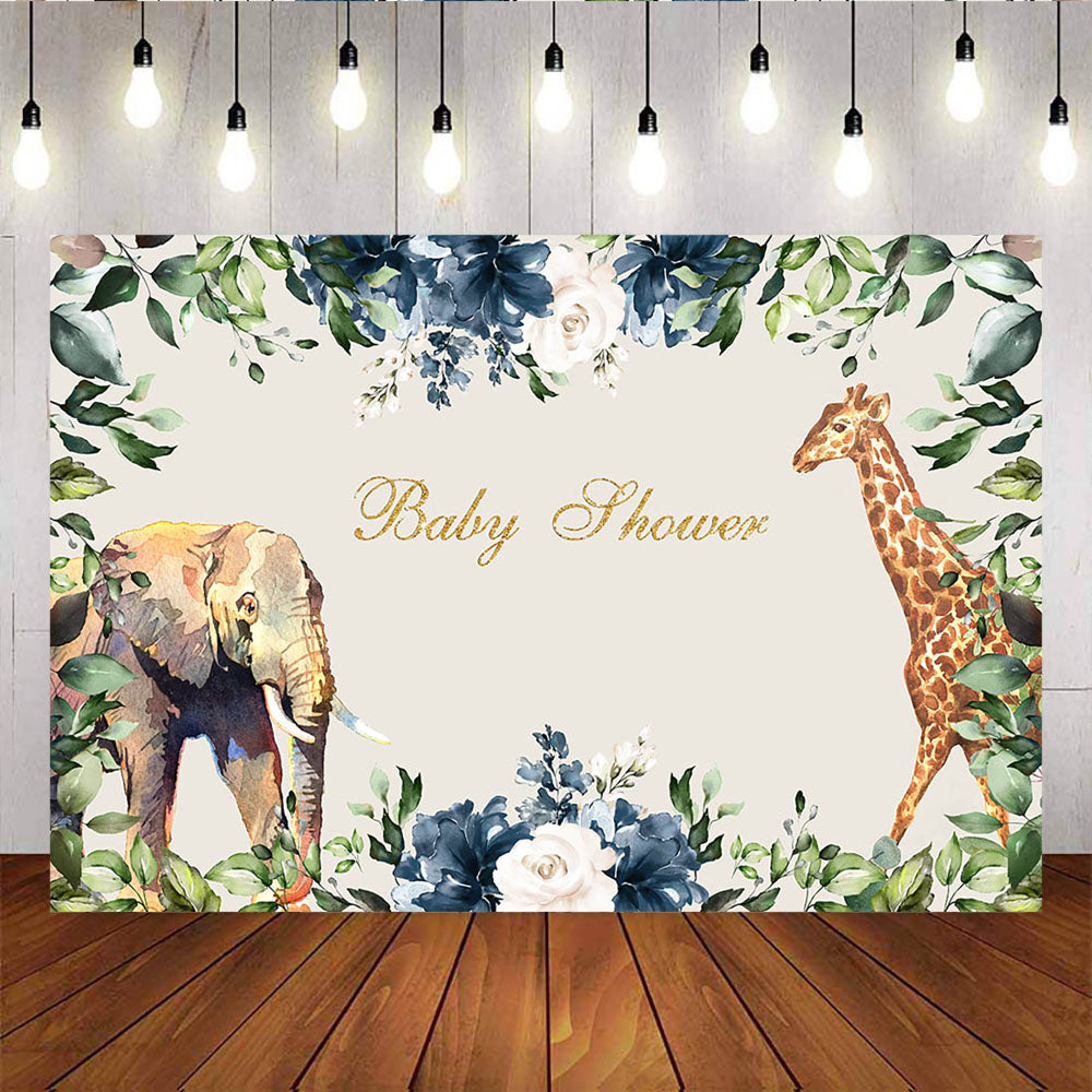Mocsicka Safari Baby Shower Backdrop Giraffe and Elephant Watercolor Flowers Background-Mocsicka Party