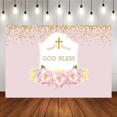 Mocsicka God Bless Baptism Baby Shower Backdrop Pink Flowers Photo Prop-Mocsicka Party