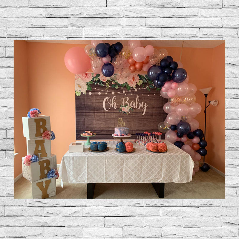 Mocsicka Oh Baby Birthday Backdrop Wooden and Flowers Baby Shower Backdrops-Mocsicka Party