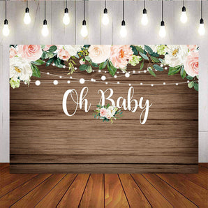 Mocsicka Oh Baby Birthday Backdrop Wooden and Flowers Baby Shower Backdrops