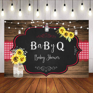 Mocsicka BaByQ Baby Shower Backdrop Wooden Board Sunflower and Red Plaid Background-Mocsicka Party