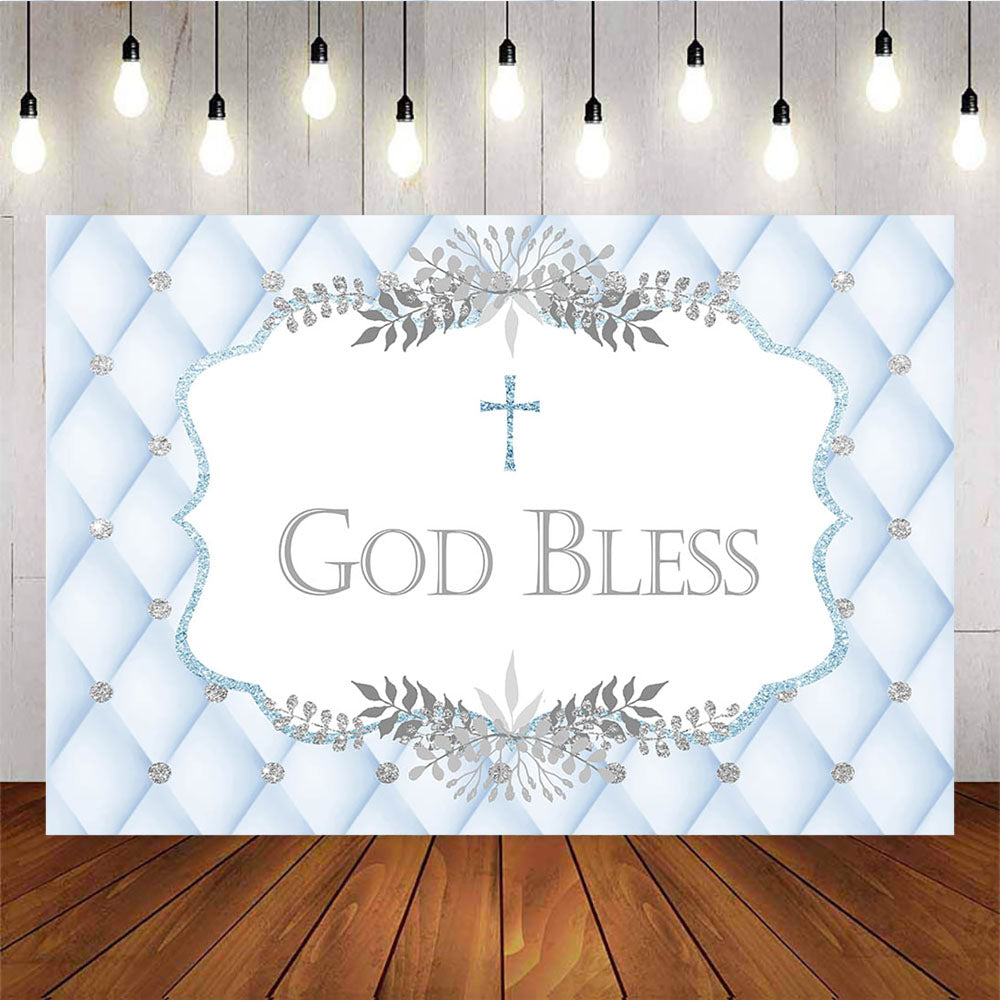 Mocsicka Blue Rhombus Lattice God Bless Backdrop Baby Shower Background-Mocsicka Party
