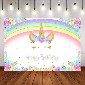 Mocsicka Gold Unicorn Birthday Party Banners Rainbow Flowers Photo Background-Mocsicka Party