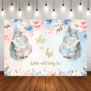 Mocsicka She or He Gender Reveal Backdrop Cute Elephant Baby Shower Backdrops-Mocsicka Party