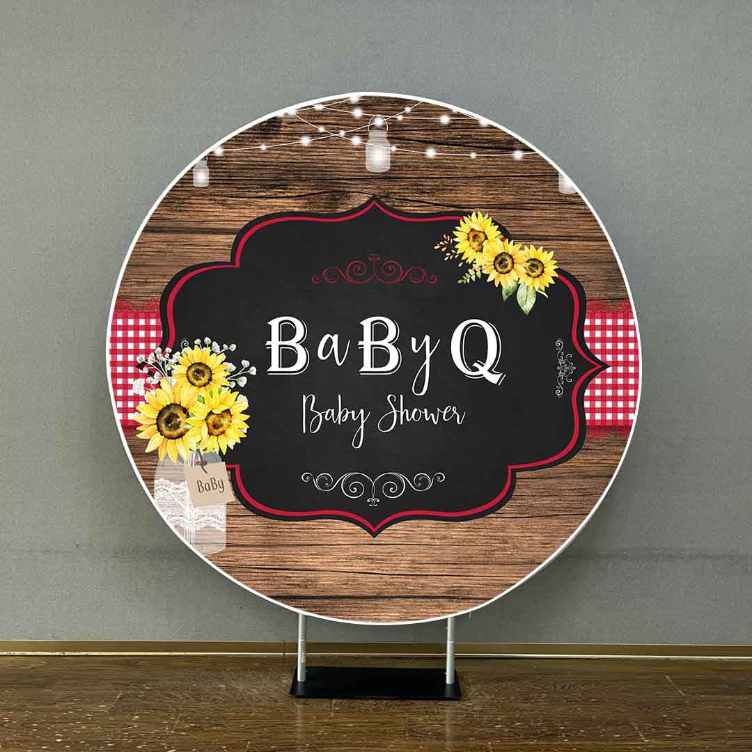 Mocsicka BaByQ Baby Shower Backdrop Wooden Board Sunflower and Red Plaid Round Cover-Mocsicka Party