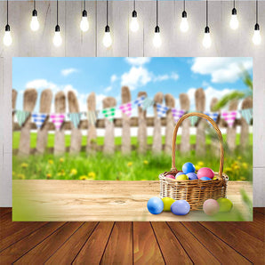 Mocsicka Easter Eggs Grassland Backdrop Blue Sky White Clouds and Fence Background-Mocsicka Party