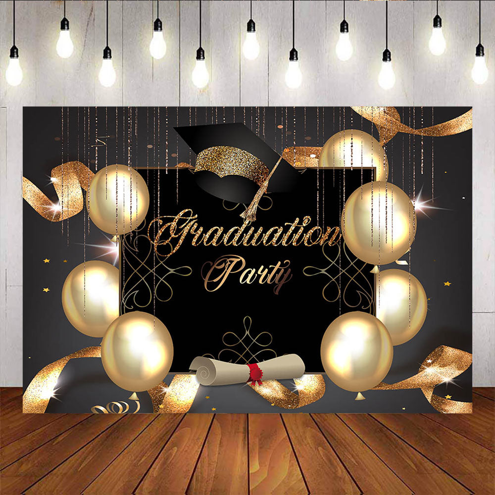 Mocsicka Graduation Party Backdrop Golden Ribbons and Balloons Bachelor Cap Background-Mocsicka Party