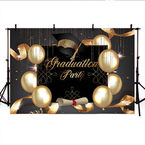 Mocsicka Graduation Party Backdrop Golden Ribbons and Balloons Bachelor Cap Background