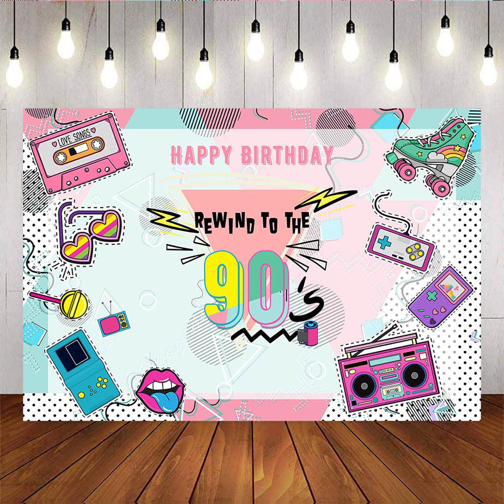 Mocsicka Rewind to the 90s Happy Birthday Backdrop Retro Tape Recorder and Skate Shoes Background-Mocsicka Party