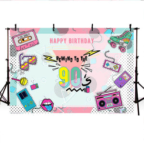 Mocsicka Rewind to the 90s Happy Birthday Backdrop Retro Tape Recorder and Skate Shoes Background