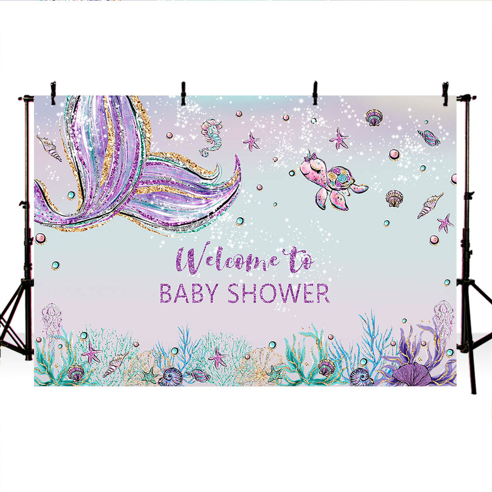 Mocsicka Welcome to Baby Shower Undersea Mermaid and Sea Turtle Photo Back Drops