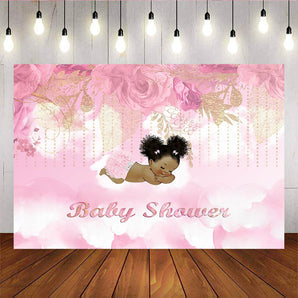 Mocsicka Pink Flowers Golden Leaves Baby Shower Backdrop Custom Newborn Background-Mocsicka Party