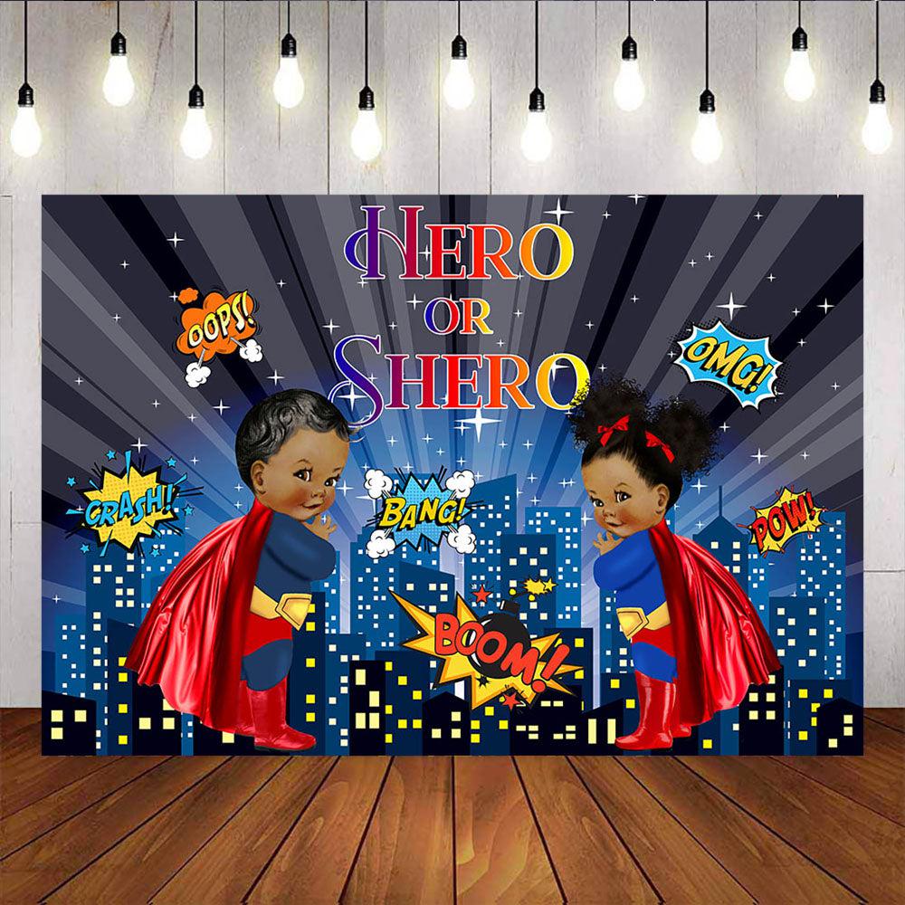 Mocsicka Hero or Shero Gender Reveal Backdrop City Night Building Baby Shower Background-Mocsicka Party