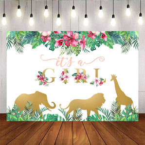 Mocsicka It's A Girl Baby Shower Backdrop Gold Animals and Plam Leaves Background-Mocsicka Party