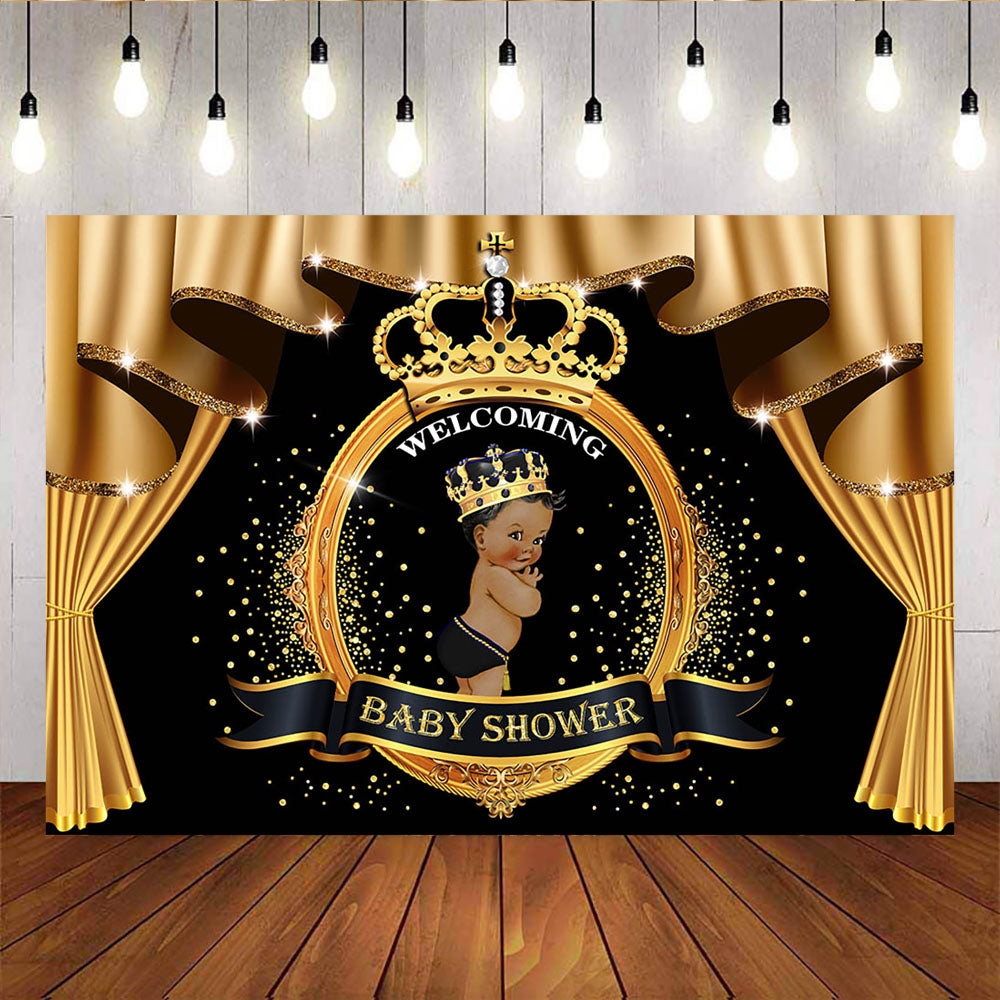Mocsicka Welcome Little Prince Baby Shower Backdrop Gold Curtain Black Background-Mocsicka Party