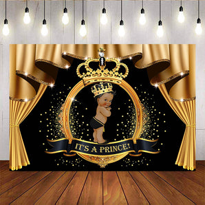 Mocsicka It's A Prince Baby Shower Backdrop Gold Curtain Black Background-Mocsicka Party