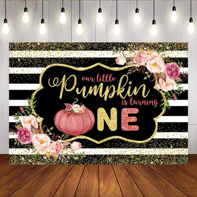 Mocsicka Little Pumpkin First Birthday Backdrop Flowers and Stripes Photo Banners-Mocsicka Party