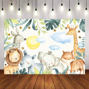 Mocsicka Wild Animals Plam Leaves Blue Sky Happy Birthday Backdrop-Mocsicka Party