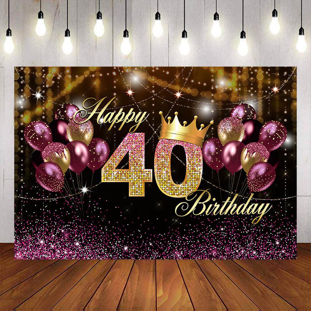 Mocsicka Happy 40 Birthday backdrop Golden Crown and Balloons Photo Banners-Mocsicka Party