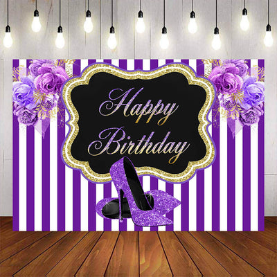 Mocsicka Purple Stripes and Flowers Happy Birthday Backgrounds-Mocsicka Party