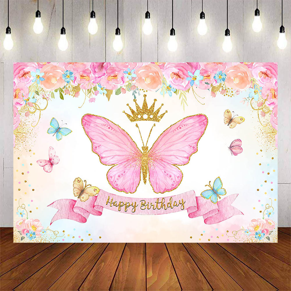 Mocsicka Butterfly and Flowers Gold Crown Happy Birthday Backdrop-Mocsicka Party