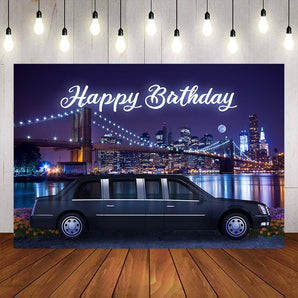Mocsicka City Night View Extended Lincoln Car Happy Birthday Backdrop-Mocsicka Party
