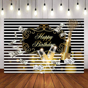 Mocsicka Dollars and Champagne Stripes Happy Birthday Backdrop-Mocsicka Party