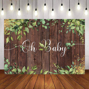Mocsicka Green Leaves and Wooden Floor Oh Baby Shower Backdrop-Mocsicka Party