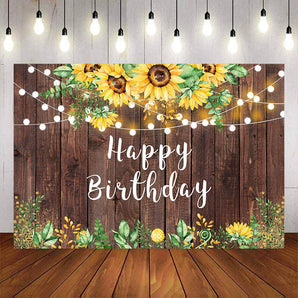 Mocsicka Sunflowers and Wooden Floor Happy Birthday Backdrop-Mocsicka Party