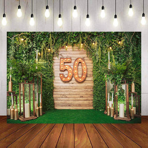 Mocsicka Green Plants and Wooden Door Happy 50th Birthday Backdrop-Mocsicka Party