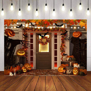 Mocsicka Autumn Pumpkin and Maple Leaves Halloween Backdrop-Mocsicka Party