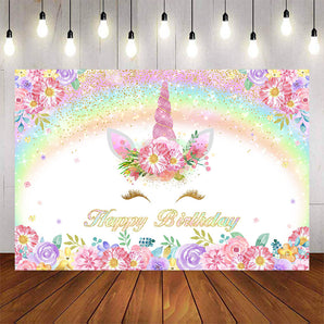 Mocsicka Rainbow Flowers and Unicorn Happy Birthday Backdrops-Mocsicka Party