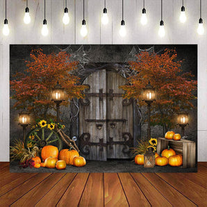 Mocsicka Halloween Theme Pumpkin and Wooden Door Photo Backdrop-Mocsicka Party