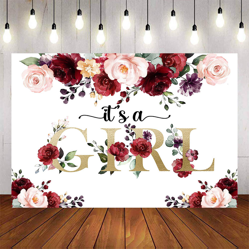 Mocsicka It's a Girl Red and Pink Flowers Baby Shower Backdrop-Mocsicka Party
