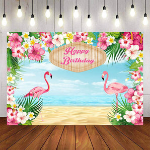 Mocsicka Pink Flamingo and Flowers Happy Birthday Backdrop-Mocsicka Party