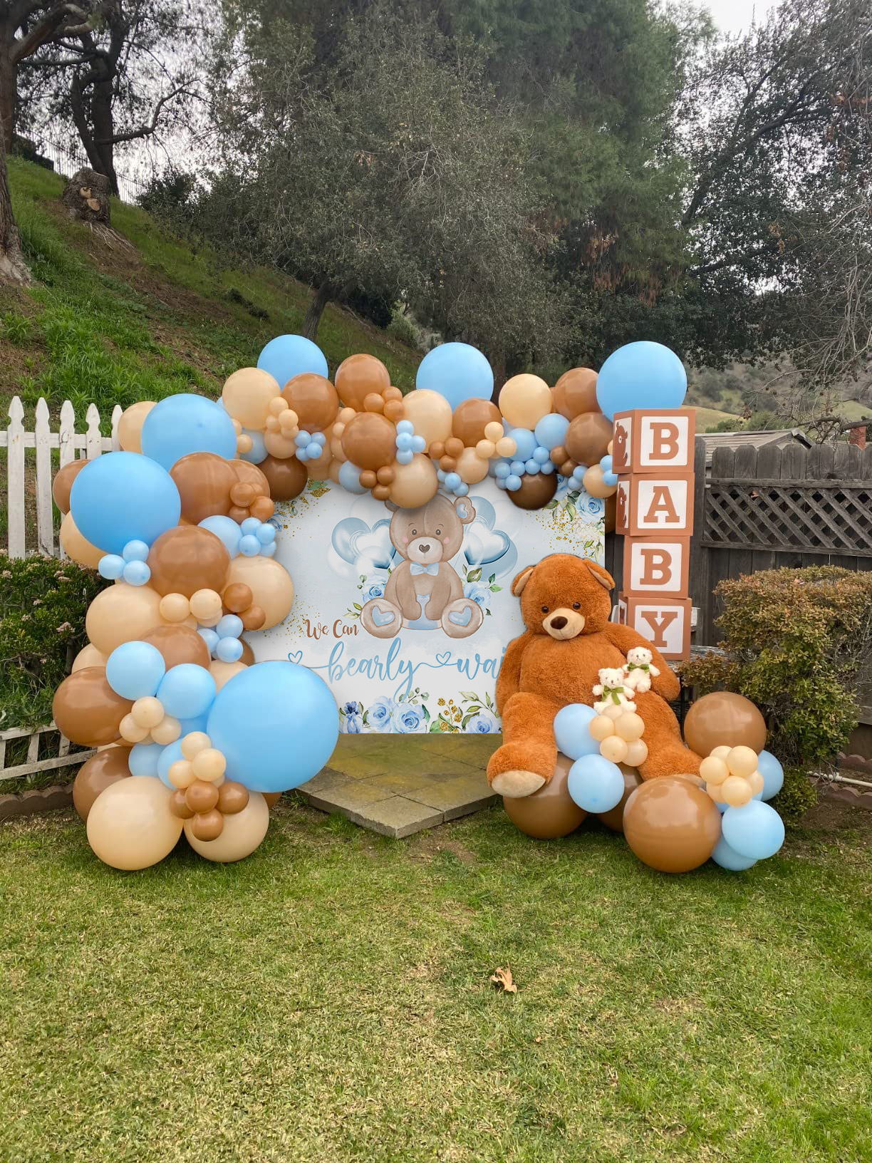 Mocsicka Little Bear and Blue Flowers Baby Shower Backdrop-Mocsicka Party