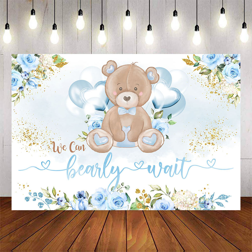 Mocsicka Little Bear and Blue Flowers Baby Shower Backdrop