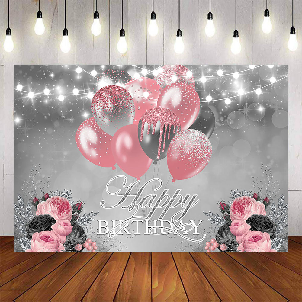 Mocsicka Grey and Pink Balloons and Flowers Birthday Backdrop-Mocsicka Party