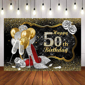 Mocsicka Champagne and High Heels Sliver and Gold Happy 50th Birthday Backdrop-Mocsicka Party
