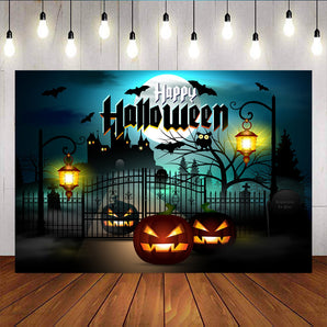 Mocsicka Old Castle Bright Moon and Pumpkins Halloween Photo Backdrops-Mocsicka Party