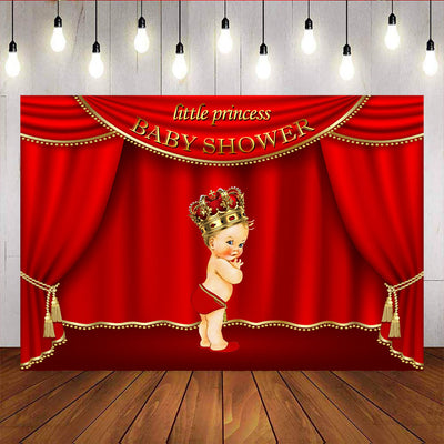 Mocsicka Little Royal Princess Baby Shower Gloden Crown Red Curtain Photo Backdrops-Mocsicka Party