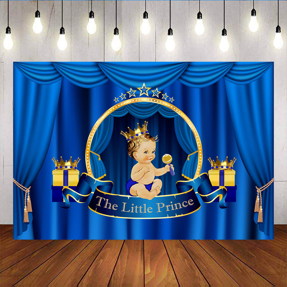 Mocsicka The Little Royal Prince Golden Crown Blue Curtain Baby Shower Photo Backdrop-Mocsicka Party