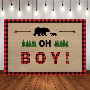 Mocsicka Oh Boy Baby Shower Backdrop Lumberjack red plaid Photo Background-Mocsicka Party